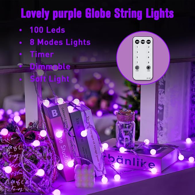 JMEXSUSS Connectable 100 LED Globe Purple Halloween Lights Indoor 8 Modes | 33 ft Halloween String Lights Plug in with Remote, Purple Christmas Lights Outdoor for Bedroom Room Party Christmas Decor