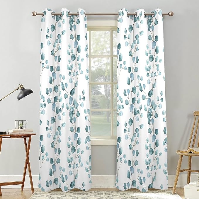 Renaiss Eucalyptus Leaf Curtains Green Eucalyptus Print Blackout Window Drapes for Bedroom Botanical Grommet Top Thermal Insulated Window Curtains for Living Room 53W x 108L 2 Panel Set