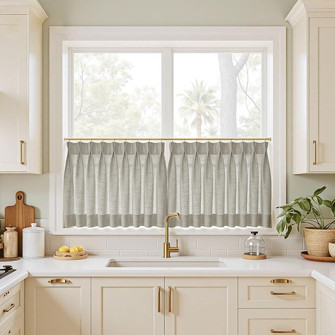 TWOPAGES 26" W x 45" L Linen Blend Cafe Curtains for Kitchen Window, Light Filtering Pinch Pleated Tier Curtains, Modern Farmhouse Half Window Curtains for Small Window, Grey, 2 Panels