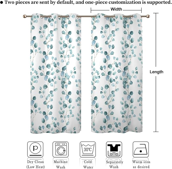Renaiss Eucalyptus Leaf Curtains Green Eucalyptus Print Blackout Window Drapes for Bedroom Botanical Grommet Top Thermal Insulated Window Curtains for Living Room 53W x 63L 2 Panel Set