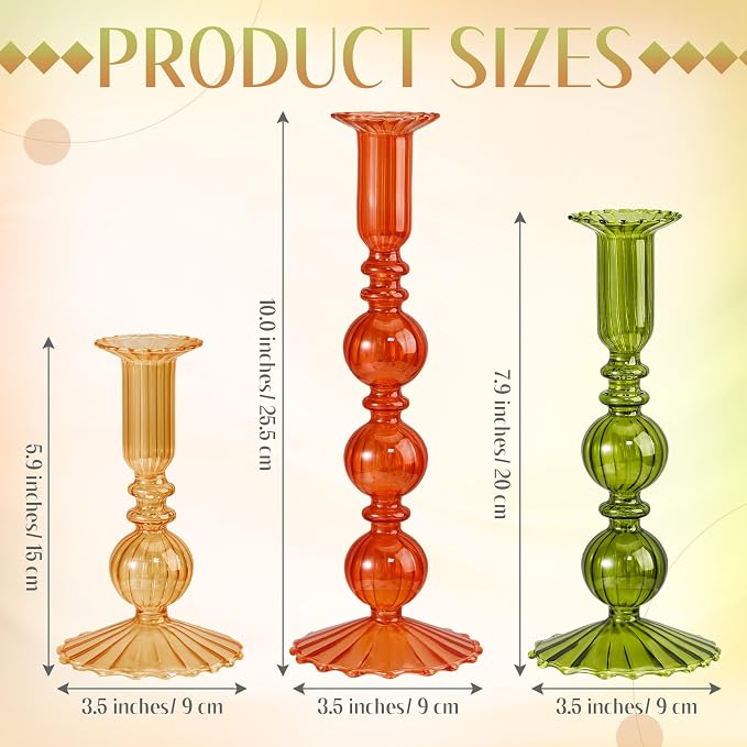 Mumufy 3 Pcs Fall Glass Candlestick Holders Thanksgiving Ball Shaped Glass Taper Candle Holder Amber Olive Honey Gold Fall Candle Stick Vase Decor for Holiday(5.9, 7.9, 10 inch,Vivid)