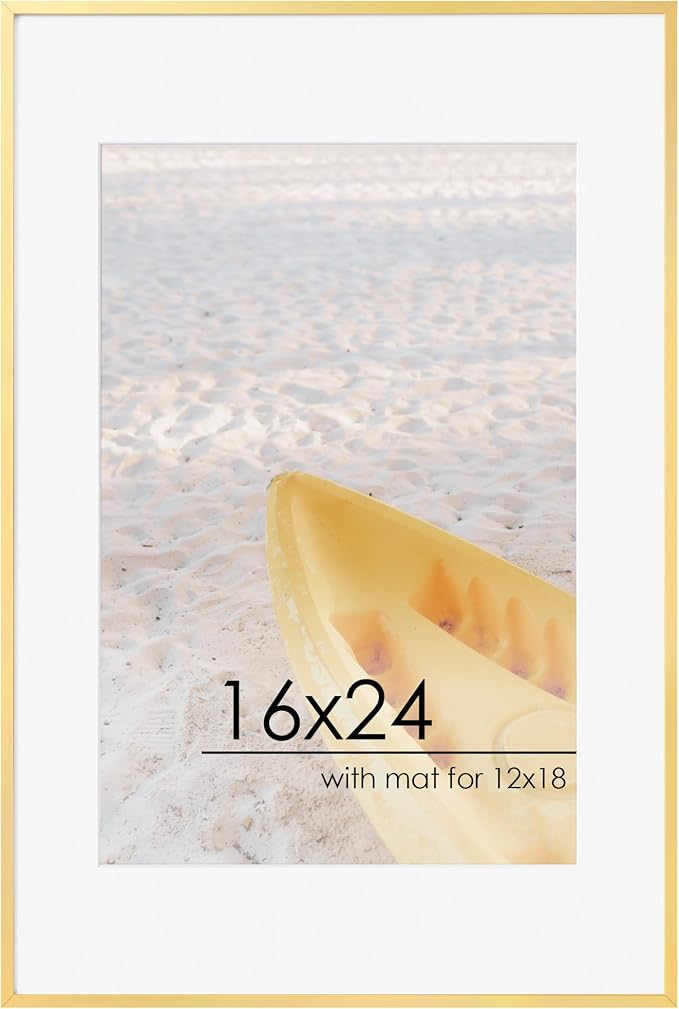 FLYJOE 16x24 Frame | 16x24 Gold Frame With Mat For 12x18 | Metal Aluminum Picture Frame With Tempered Glass | Minimalist Modern Poster Frame | Hanging Hardware Included | Gold