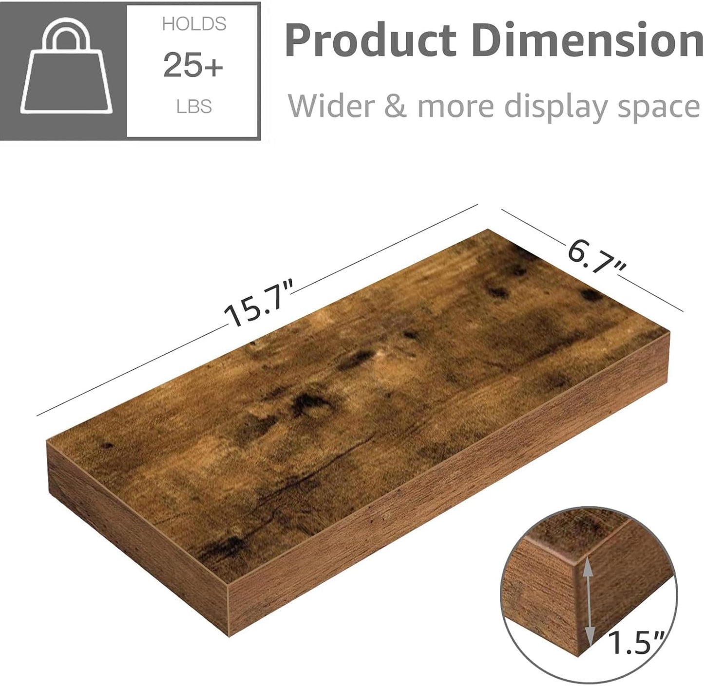 QEEIG Floating Shelves for Wall Bathroom Shelf Bedroom Kitchen Living Room Farmhouse Small Book Shelf 16 inch Set of 2, Brown (015-BN2)