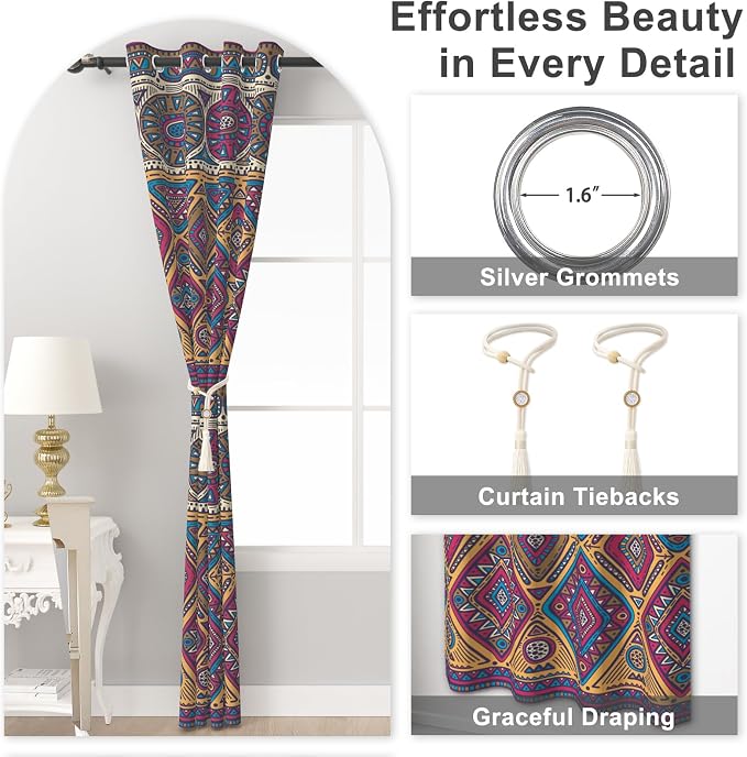 Boho Geometric Patterned Blackout Curtains for Bedroom, Bohemian Living Room Darkening Curtains 84 Inch Length 2 Panels Set, Thermal Insulated Soundproof Bedroom Window Drapes with Curtain Tiebacks