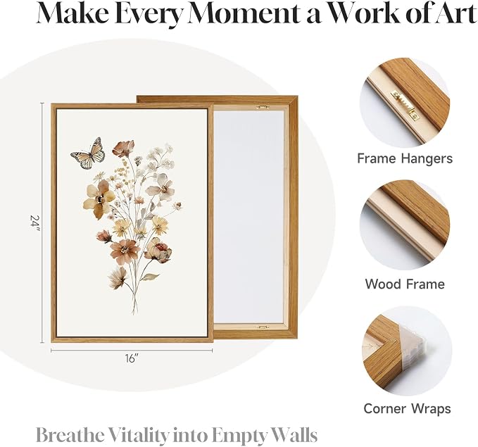 Framed Farmhouse Wildflower Floral Wall Art for Bedroom, 3 Piece Neutral Botanical Canvas Prints Painting, Rustic Flower Picture Wall Decor for Living Room Hallway Nursery Girls Room, 16x24 Inch