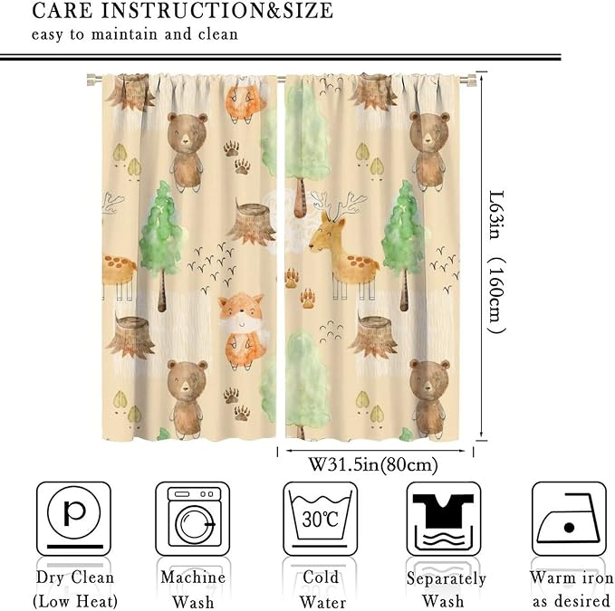 Rustic Animal Curtains, Wild Forest Animal Bear Fox Deer Kids Window Treatments for Living Room Bedroom, Farmhouse Woodland Blackout Drapes 2 Panel Sets, 63x63 Inch