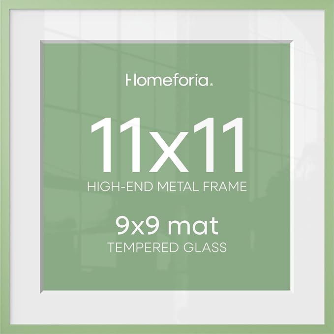 Homeforia 11x11 Sage Green Picture Frame, High End Metal 11 by 11 Square Frames with Mat 9 x 9 Photo, 11by11 Poster Frame Matted to 9x9 inch Art, Wall Hanging Frame, Tempered Glass, Wall Kit, Set of 1