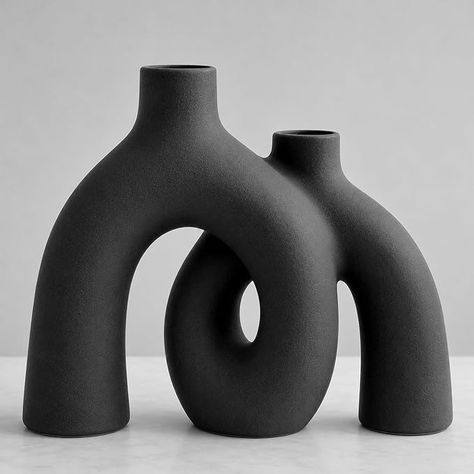 Hug Donut Decorative Vase Set - Dark Gray Modern Minimalism Industrial Style Vases Home Decor, Matte Ceramic Decorations for Living Room Shelf, Bookshelf Mantle Entryway Table or Console Décor(Gray)