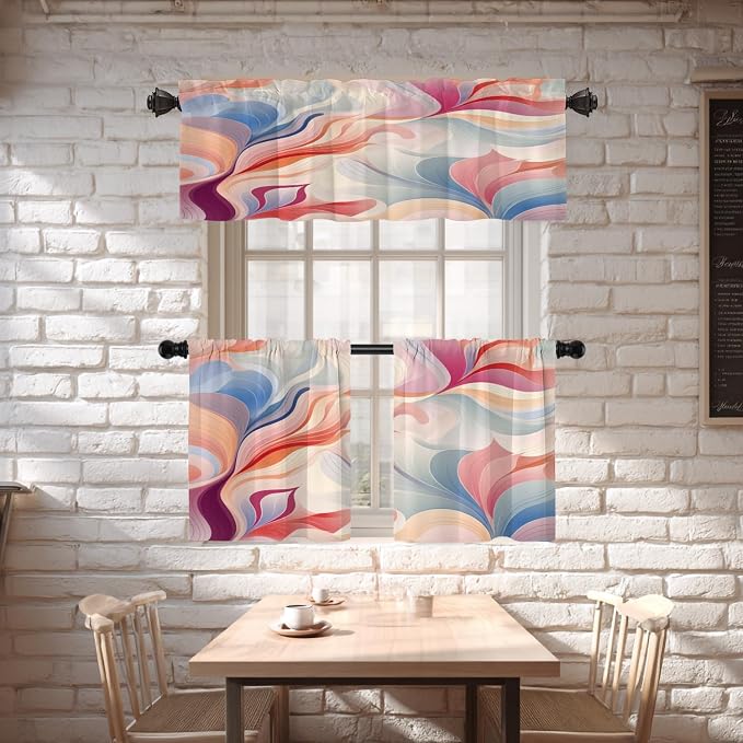 Shrahala Colorful Waves Blackout Short Curtains for Windows, Fluid Abstract Pattern Kitchen Valance Thermal Insulated Rod Pocket Window Treatment for Bathroom 52 X 18 in