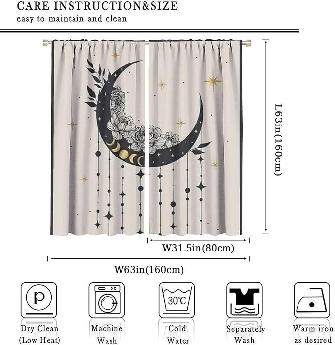 Witchy Curtains, Moody Curtains for Bedroom, Goth Curtains, Moth Curtains Moon Curtains for Bedroom Living Room W63xL63 Inch