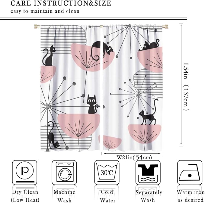 JESTRONRY Mid Century Cat Curtains, Pink Atomic Abstract Geometric 1950s 1960s Retro Style Rod Sleeves Window Drapes for Bedroom Living Room Home Decor 42x54in