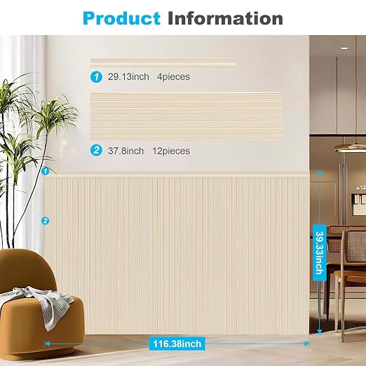 Art3d Wainscotting Wall Panel Kit, 37.8" Tall Beadboard Panels for Walls, Polystyrene Board and Batten Wall Panel Kit, Easy DIY Decorative Trim for Living Room, Kitchen, Bedroom – Covers 31 Sq.Ft