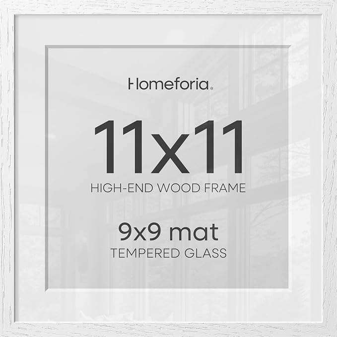 Homeforia 11x11 Picture Frame White, High-End Oak 11 x 11 Square Wooden Frames with Mat 9 by 9 inch Photo, 11by11 Wood Frame Matted to 9x9 Print, Wall Hanging Frame, Tempered Glass, Wall Kit, Set of 2