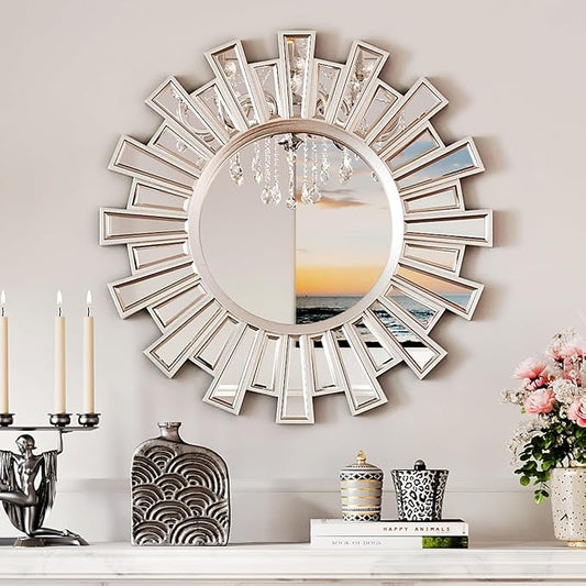 PERHOM Silver Sunburst Mirror, 23.6"x23.6" Boho Sun Wall Decor Mirror, Round Accent Sun Mirrors for Living Room Bedroom Entryway Dining Room Fireplace