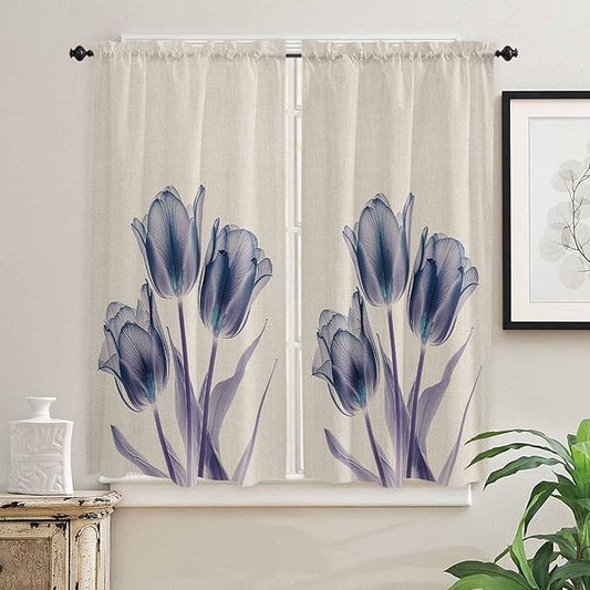 Kitchen Tier Curtains 63 inches Length,Abstract Transparent Blue Flower Tulip Cotton and Linen Texture Curtains for Living Room Bath,Rod Pocket Light Filter Drapes Half Window Treatment Tiers 2 Panels