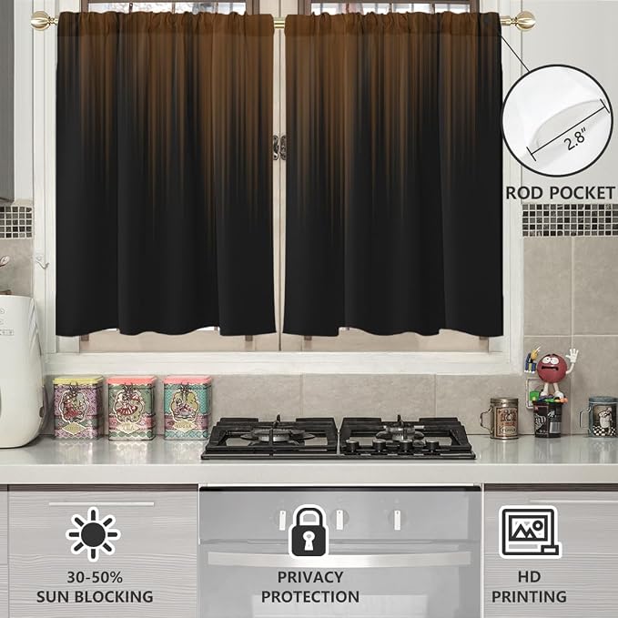 AAtter Brown and Black Kitchen Curtains, Ombre 27.5" W x 39" L, 2 Panels | Modern Striped Rod Pocket Drapes, Dark Abstract Gradient Style, Moody Masculine Design, Small Short Bathroom Window Tiers