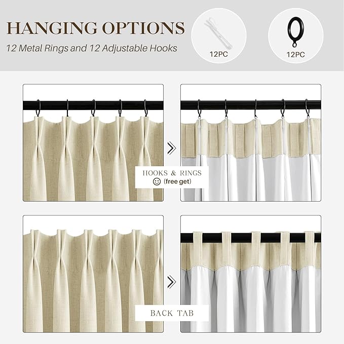 Cream Beige Pinch Pleated Full Blackout Linen Curtains for Bedroom, Black Out Curtains 95 Inches 1 Panel for Living Room Darkening Thermal Insulated Neutral Pleat Drapes with 12 Hooks, 70''Wx95''L