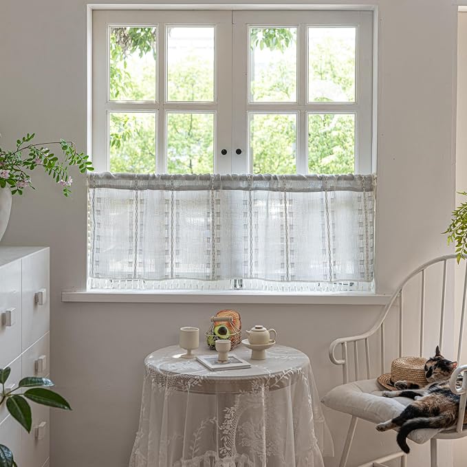 Deeprove Boho Valance Kitchen Short Curtain Tassel, Textured Striped Drape Tier Embroidered Shabby Chic Window Treatment for Cafe Dinging Room Closet, W52 x L18 inch Single 1 Panel Silver Grey