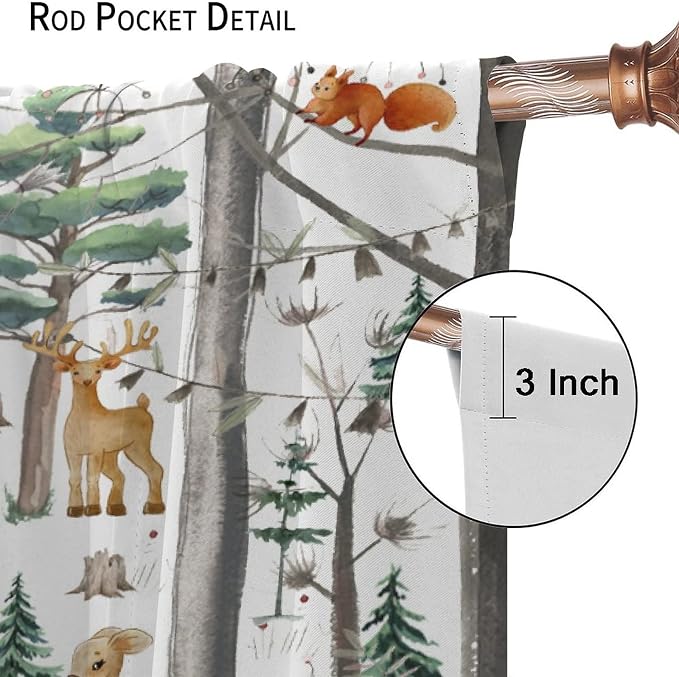YCness Kid Forest Woodland Animal Fox Elk Bear Watercolor Print Curtains for Nursery Bedroom Living Room, Rustic Wild Animal Window Drapes 2 Panel Set, 72x63 Inch, Style-9