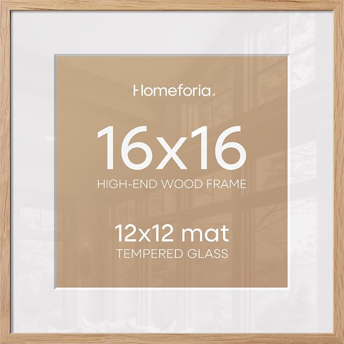 Homeforia 16x16 Picture Wood Frame, High End Natural Oak 16 x 16 Square Light Wooden Frames with Mat 12 by 12 inch Photo, 16by16 Poster Frames Matted to 12x12 Print, Tempered Glass, Wall Kit, Set of 4