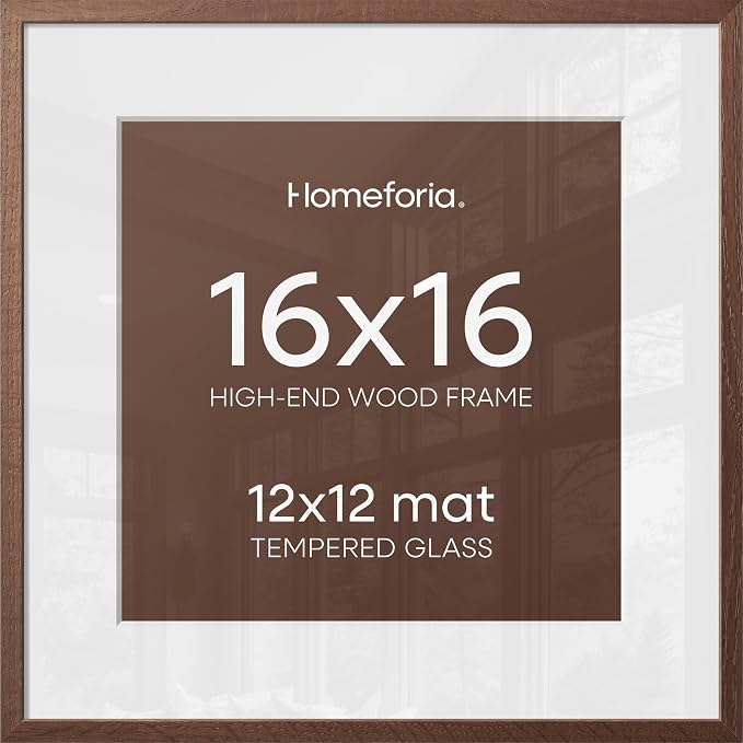 Homeforia 16x16 Brown Picture Frame, High End Dark Oak 16 x 16 Square Wood Frame with Mat 12 x 12 for Photo, 16by16 Wooden Walnut Poster Frame Matted to 12x12 Print, Tempered Glass, Wall Kit, Set of 3