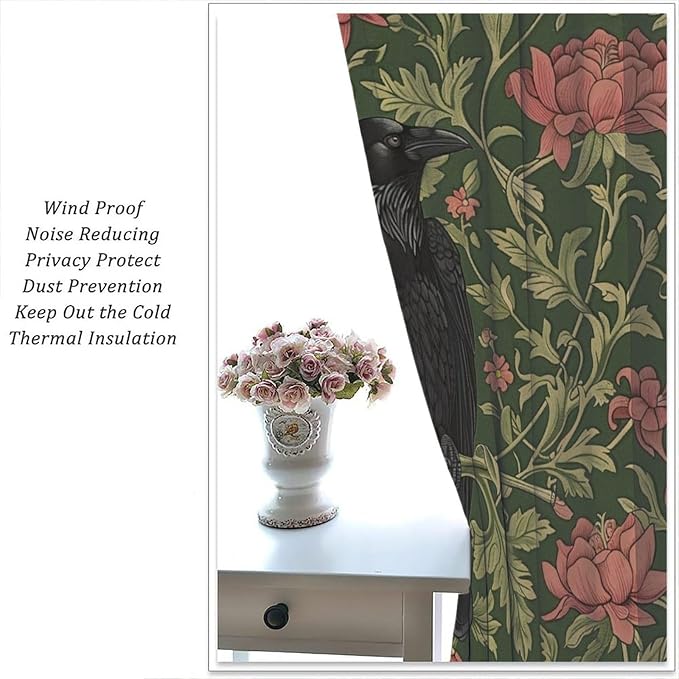 William Morris Blackout Curtains, Retro Bird Crow Flower Animal Pattern Window Drapes, for Bedroom Living Room 72" W X 63" L