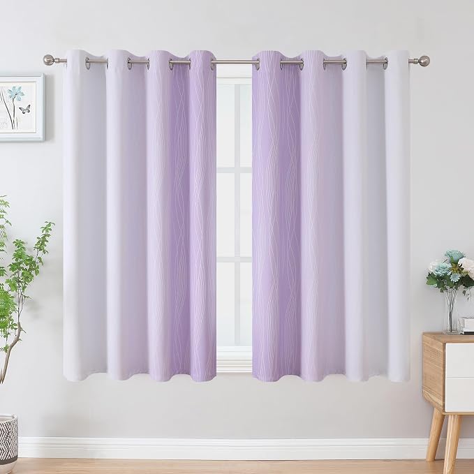 Estelar Textiler Lilac and Greyish White Blackout Curtains 45 Inch Length, Light Blocking Gradient Drapes for Bedroom, Thermal Insulated Grommet Ombre Curtains for Bathroom,52Wx45L,2 Panels