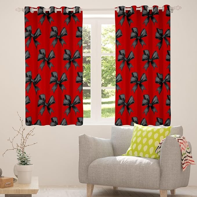 Erosebridal Red Black Bow Kids Window Treatments Watercolor Bowknot Girls 42" Wx63 L Window Curtain Cute Bow Tie Curtain Kawaii Dreamy Bows 30%-50% Blackout Curtains for Bedroom