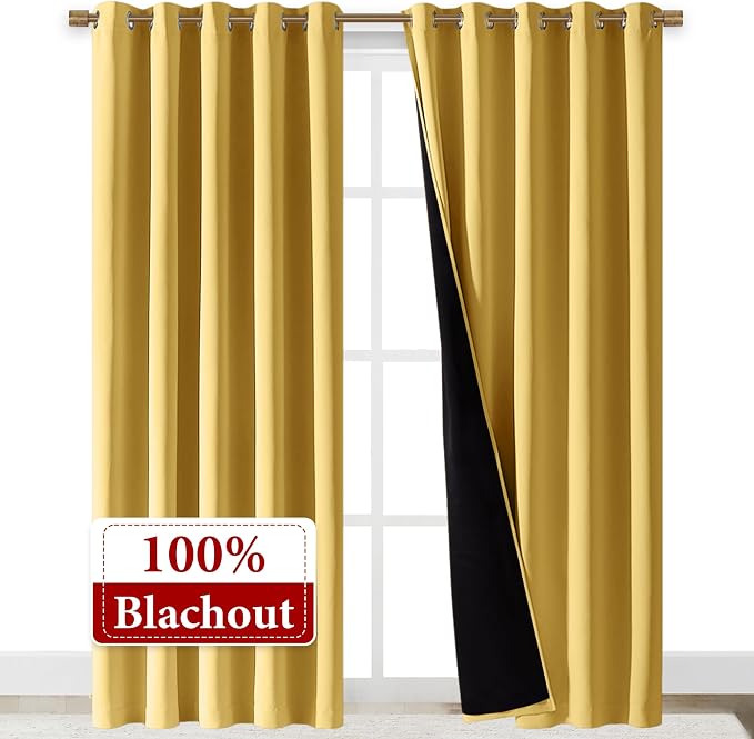 NICETOWN Total Shade Curtains and Draperies, Heavy-Duty Full Light Shading Drapes with Black Liner Backing for Villa/Hall/Dorm Window(Bright Yellow, Package of 2, 70 inches Wide x 95 inches Long)