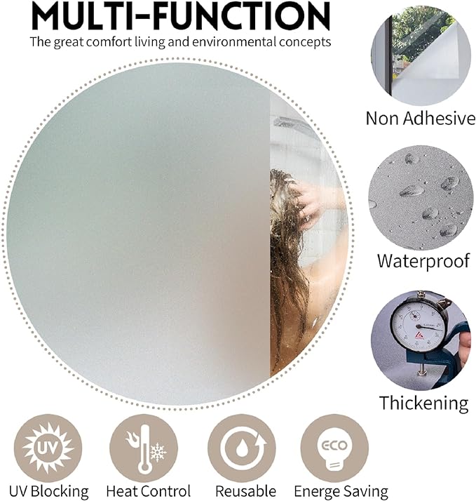 KESPEN Frosted Window Privacy Film Heat Control UV Sun Blocking Glass Stickers Static Cling Non Adhesive Door Coverings Decals for Bathroom Home Office, Frosted, 35.4 Inch X 6.5 Feet
