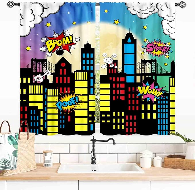 Super City Hero Curtain, Comic Style Cityscape Skyline Buildings Cartoon Window Curtains for Boys Kids Teens Baby Room Bedroom Living Nursery 2 Panel Sets, 55x39 Inch