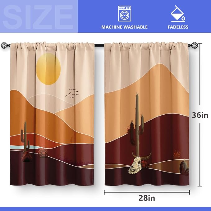 Aimego Boho Mountain Cactus Kitchen Curtains - Minimalist Abstract Mid Century Modern Sunset Plant Art Short Tier Curtains Decor for Dining Room Rod Pocket Window Drapes 2 Panels Set 28"x36"