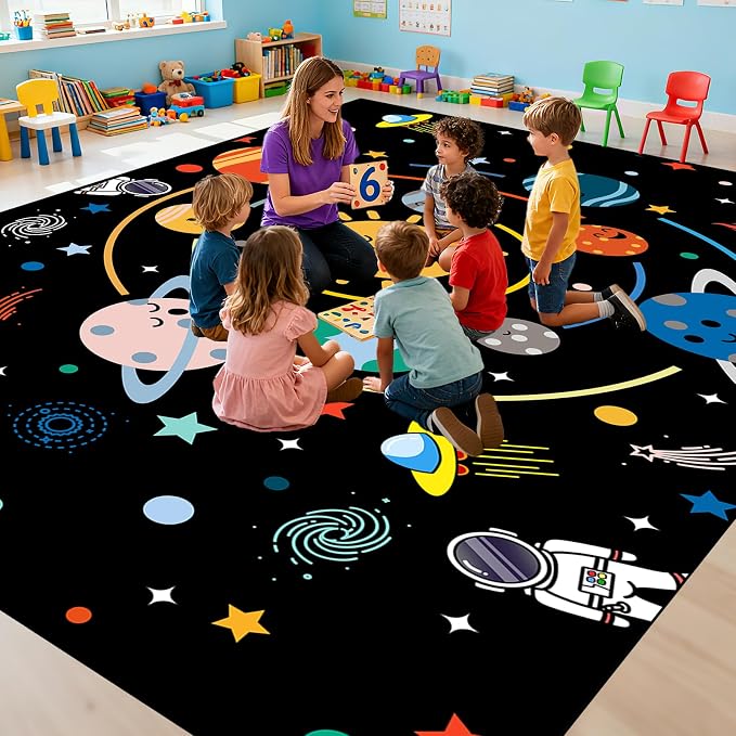 Space Rug for Boys Room - Outer Space Rug for Bedroom Machine Washable 6x8 Feet Solar System Planet Theme Carpet Decor for Playroom Classroom Decor