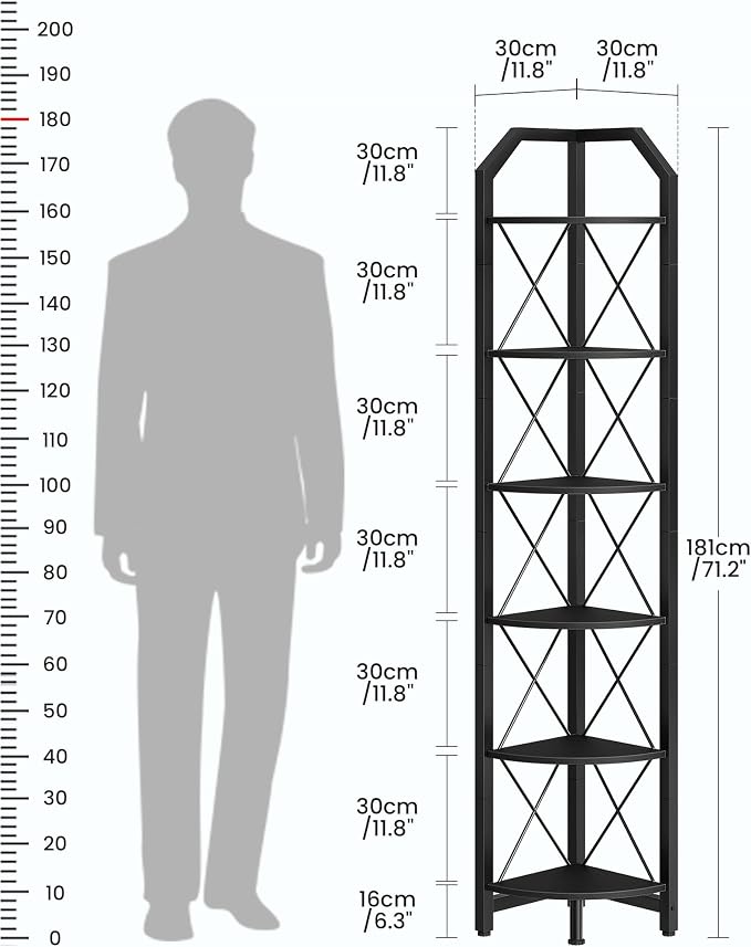 CHOEZON 6-Tier Corner Shelf, Industrial Corner Bookshelf, 71.2" Display Storage Stand, Plant Stand Display Shelf, Tall Bookcase for Bedroom, Living Room, Home Office, Black TCJ11BB