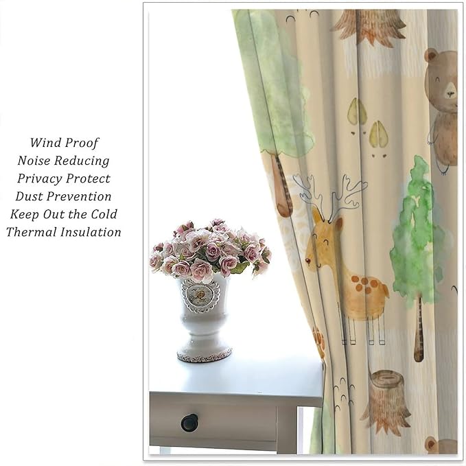 Rustic Animal Curtains, Wild Forest Animal Bear Fox Deer Kids Window Treatments for Living Room Bedroom, Farmhouse Woodland Blackout Drapes 2 Panel Sets, 42x54 Inch