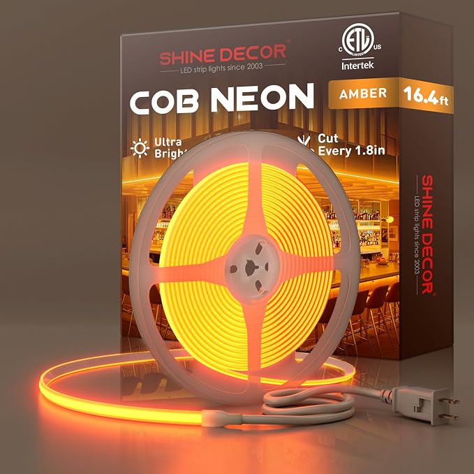 Shine Decor COB LED Rope Light AC 120V, 800lm Ultra Bright, IP65 Waterproof Cold-Resistant ETL Neon Strip, No Driver Tape Lighting for Home Commercial 10x4.5mm, Amber, 16.4ft