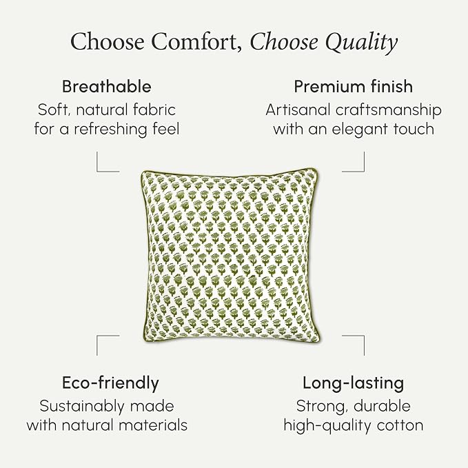 CPC 100% Cotton Throw Pillow Covers 20x20 Inch, Set of 2 Green Block Print Pattern Couch Pillow, Cute Boho Decorative Pillows for Living Room, Bedroom with Hidden Zipper- Emerald Green