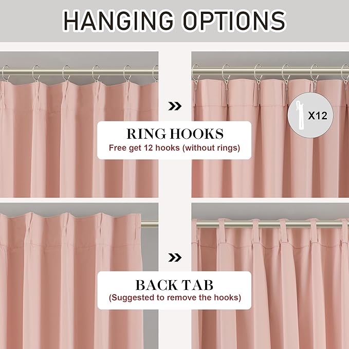 DONREN Baby Pink Pinch Pleated Blackout Curtains with Hooks - 100 inch Length Room Darkening Thermal Insulated Window Curtain Panels for Living Room Bedroom 2 Panel 40" Wx100 L
