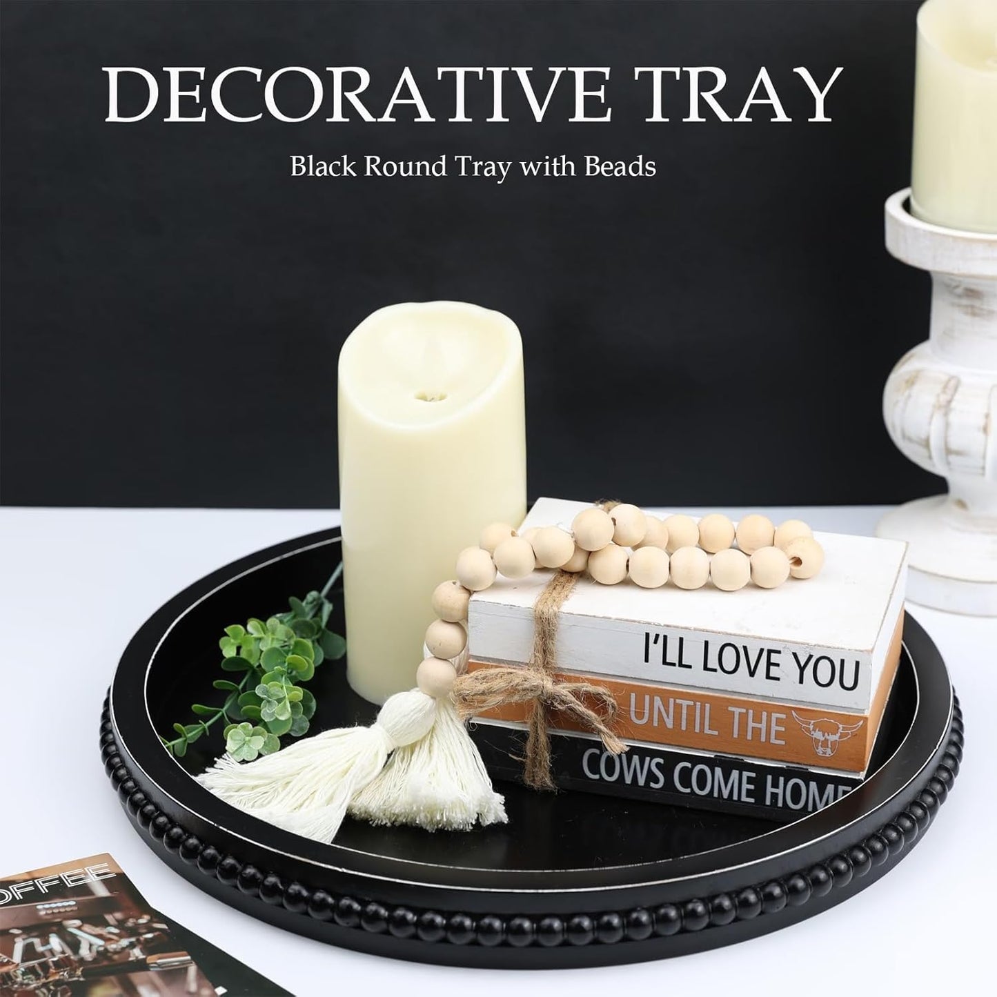 Round Black Wood Serving Tray with Beads, Wooden Decorative Tray for Entertaining, Decoration, and Gifting,
