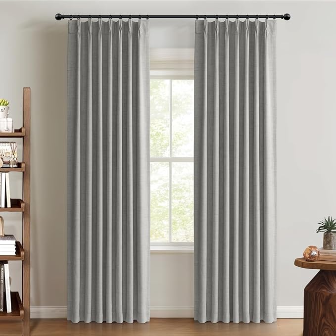 100% Blackout Shield Linen Look Textured Pinch Pleated Curtains Blackout Drapes 108 Inch Long 2 Panels Set, Faux Linen Blackout Curtains for Bedroom & Living Room, 40" W x 108" L, Grey