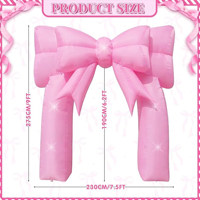 9FT Pink Bow Inflatable Arch Outdoor Decorations Giant Blow-up Bow Arch Built-in 5 LED Lights for Pink Birthday Party Decor Wedding Coquette Bachelorette Bridal Party Supplies Yard Garden Lawn
