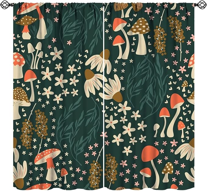 Woodland Mushroom Curtains, Rustic Fairytale Forest Natural Mushroom Flowers Plants Blackout Window Drapes for Farmhouse Kitchen Bedroom Livingroom, 42" W X 63" L