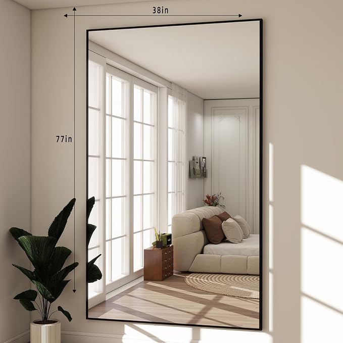 BEAUTYPEAK 77"x38" Rectangle Full Body Floor Mirrors, Full Length Mirror Hanging or Leaning, Aluminum Alloy Frame Wall Mirror for Bedroom, Dressing Room, Black