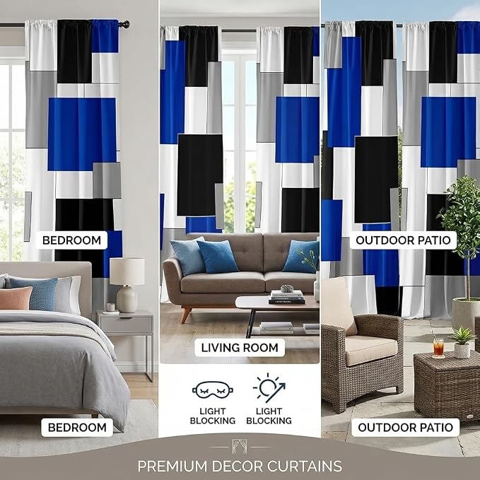 Blue and Black Curtains for Living Room 84 Length Geometry Curtains Modern White Blue Abstract Rod Pocket Curtain for Bedroom Kitchen Room Window Drapes 2 Panels