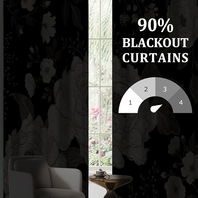 Black and Gold Blackout Curtain, Boho Floral Aesthetic Art Curtains, Dark Vintage Flowers Grommet Drapes 2 Panels, Farmhouse Bedroom Living Room Decor 52X84 Inch