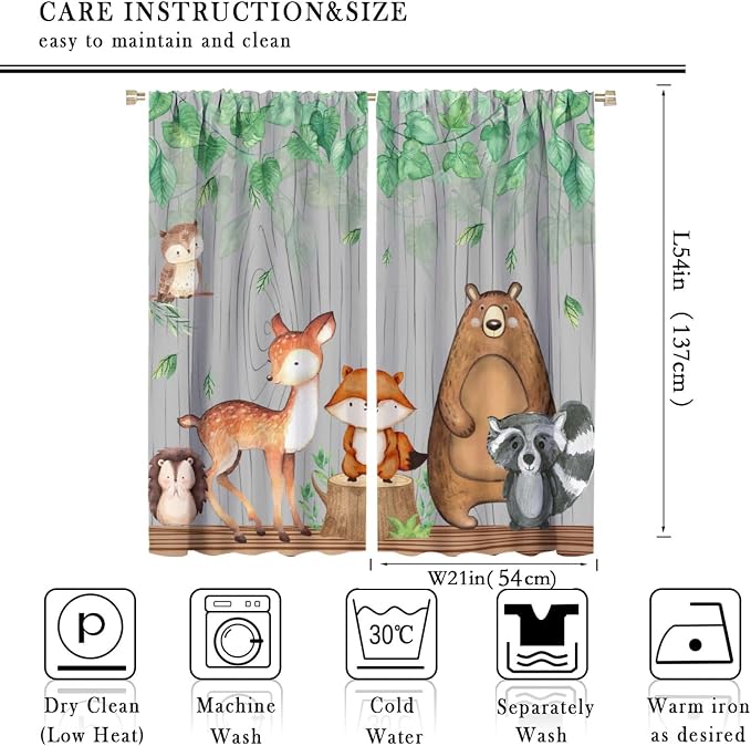 Rustic Animal Curtains, Wild Forest Animal Bear Fox Deer Kids Window Treatments for Living Room Bedroom, Farmhouse Woodland Blackout Drapes 2 Panel Sets, 42x54 Inch