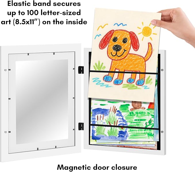Americanflat Kids Artwork Frame Changeable (White) - Magnetic Door Holds 100 Art Pieces - 8.5x11 Letter Size Display with Mat or 10x12.5 Without Mat - My Mini Masterpiece