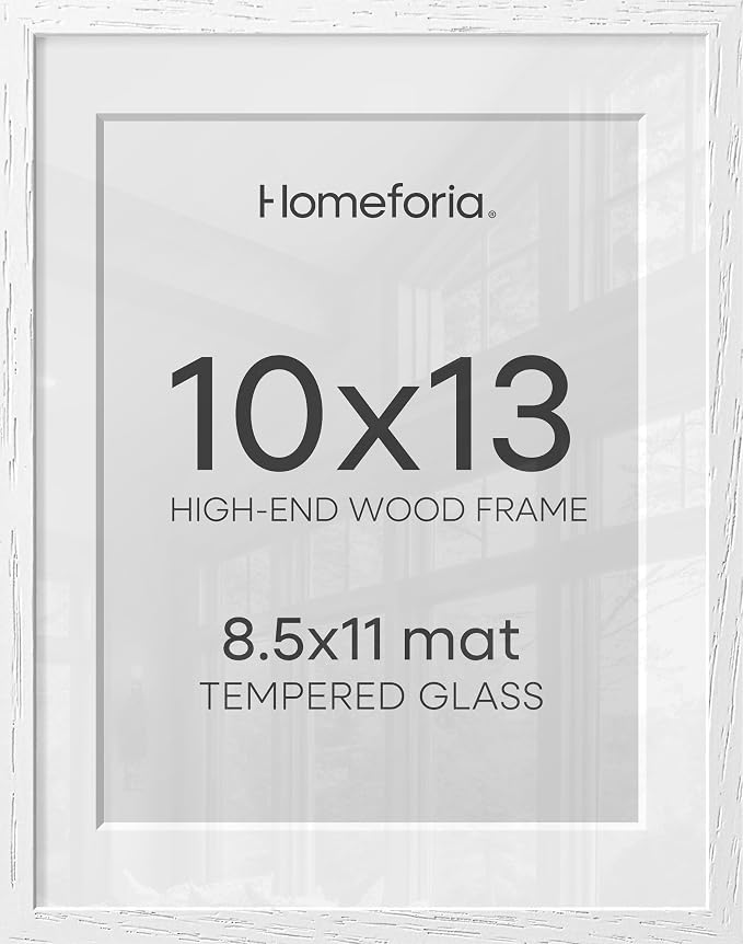 Homeforia White Frame 10x13 Wood, High End Oak 10x13 Picture Frames with Mat 8.5x11, 10 x 13 White Wooden Poster Frames Matted to 8.5 x 11 inch Photo, 13by10 Frames, Tempered Glass, Wall Kit, Set of 1