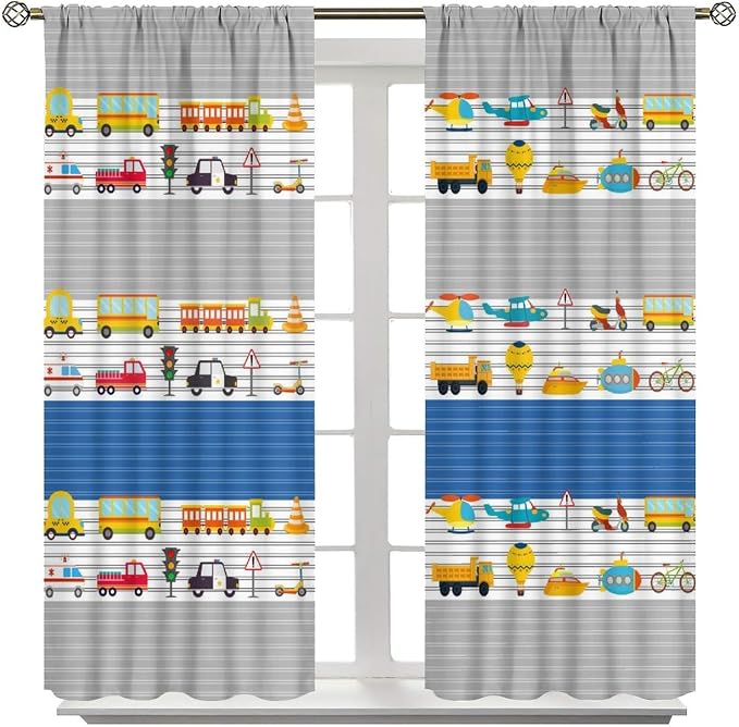 Cartoon Vehicles Blackout Curtain,Kids Boys Cute Cars Pattern Print Window Treatment Curtains Dining Room Living Room Kitchen Cafe Bedroom Office Nursery Drapes,42x63 in