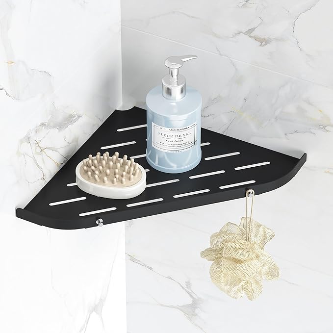 Qeke Bathroom Corner Shelf, 9" Shower Shelf Caddy, SUS304 Stainless Steel Shelf Wall Mount Corner Shelf with 2 Hooks, Matte Black